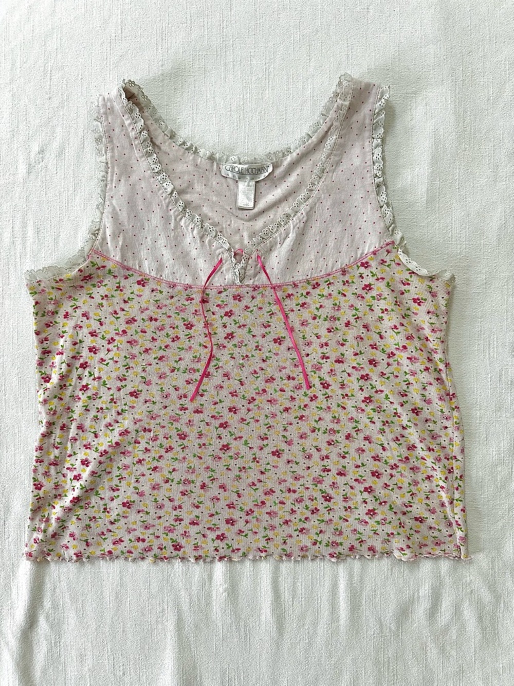 Carole Hochman Y2K Floral Lace Pink Ribbon Coquette Baby Tee Cami Size Medium